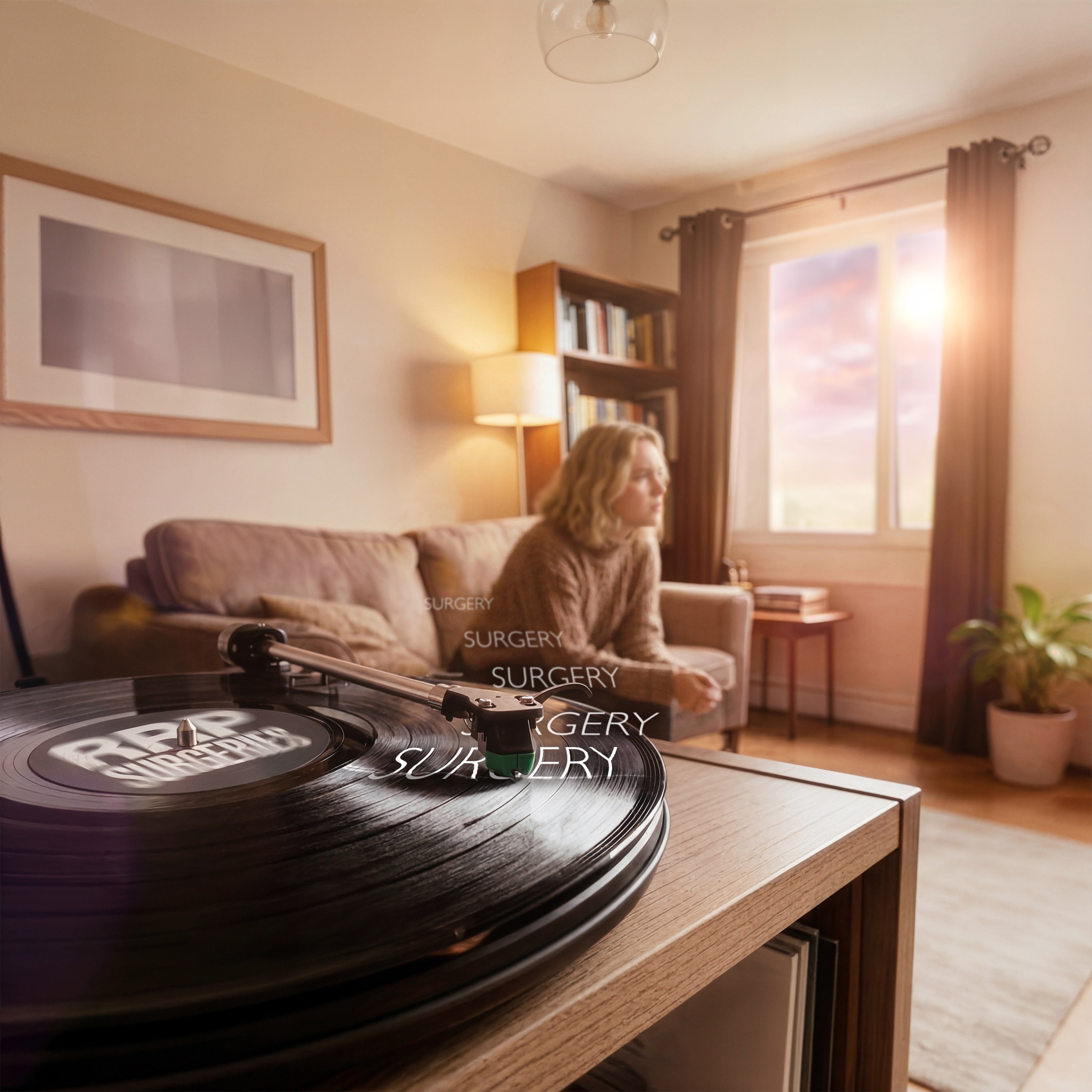 A woman sitting in a living room with a broken record spinning on a record player in the forefront.