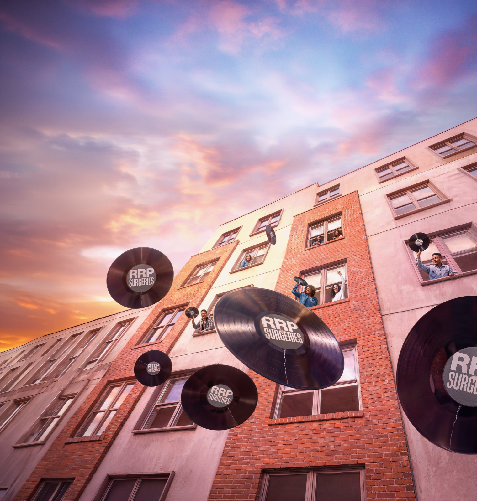 Half of a group of people throwing out broken records of RRP surgery from a building with a close up of the broken record.