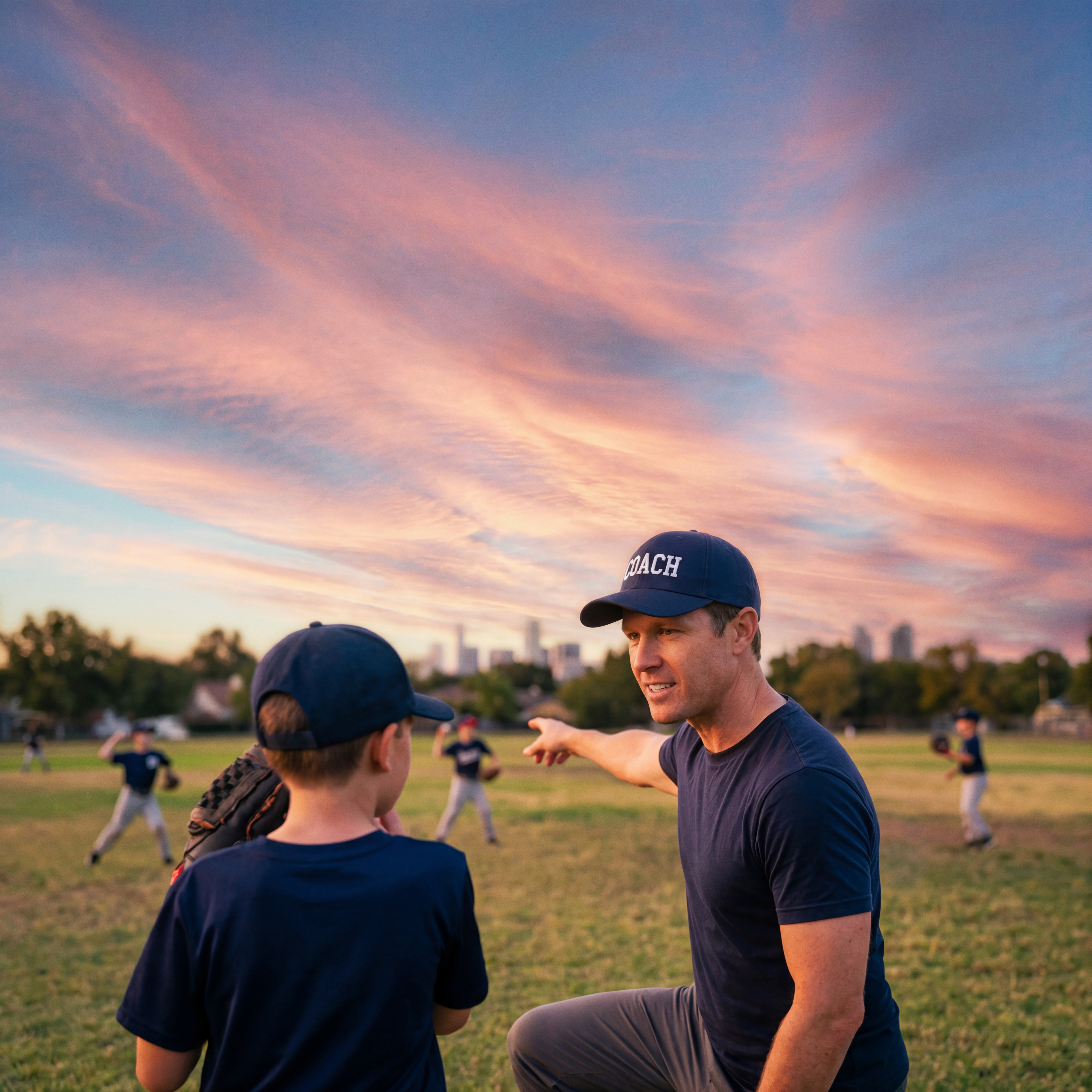 A man coaches little league baseball.