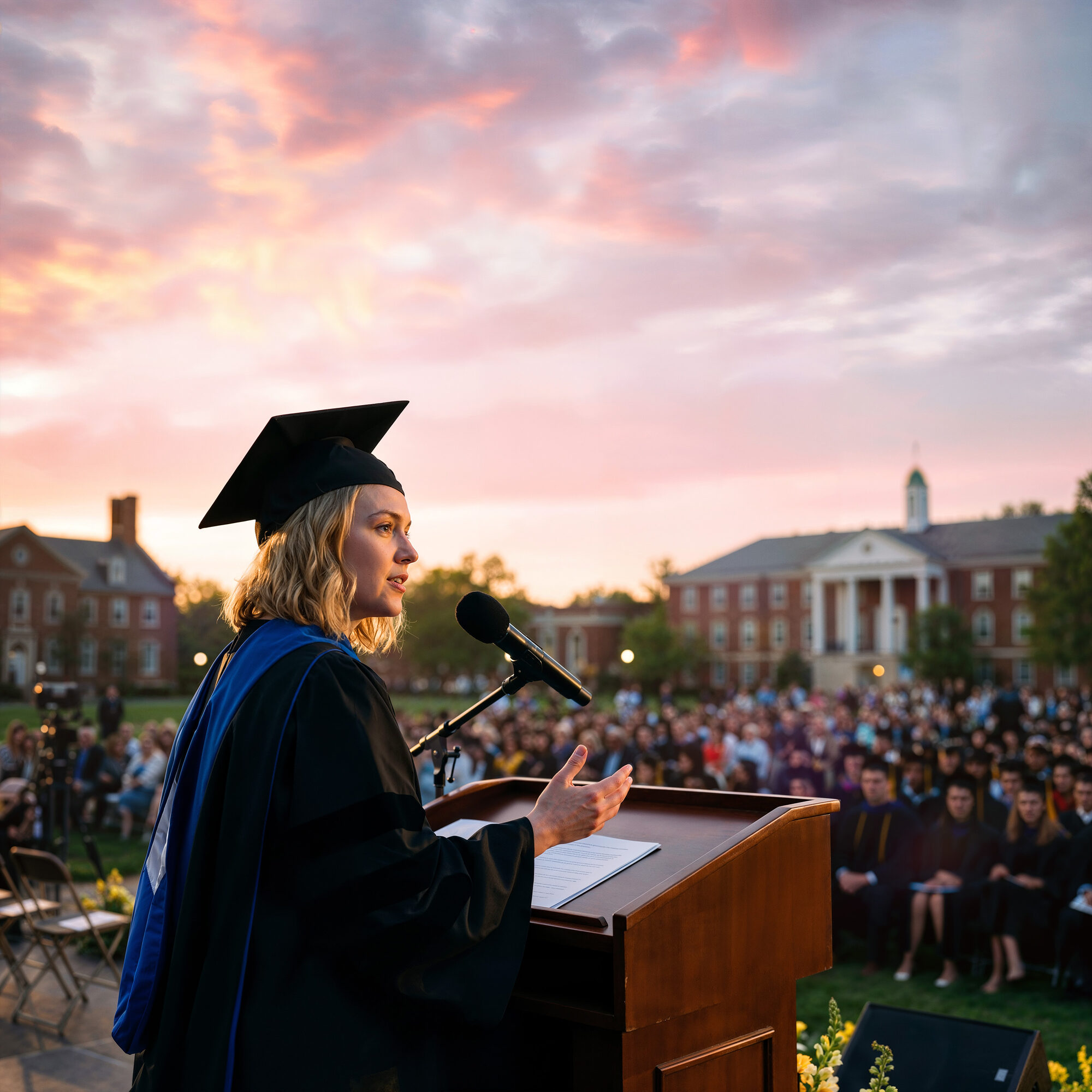 Woman in cap and gown stands on a podium while delivering a graduation speech to a crowd.